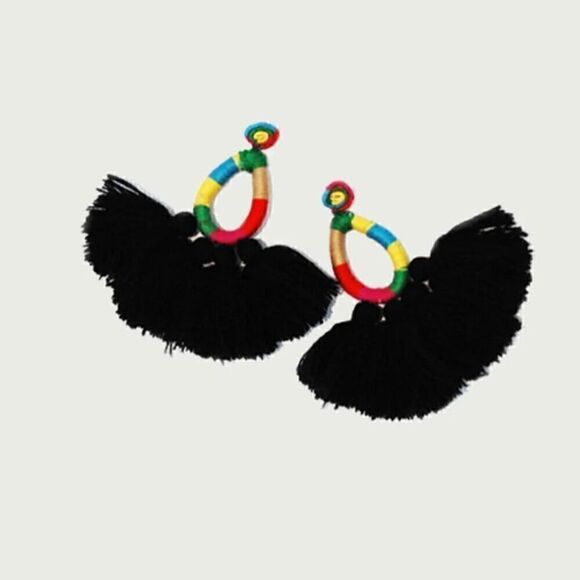 NWT Mochi Hallu Statement Tassel Woven Black Boho Fringe Crochet Big Earrings - Picture 6 of 8